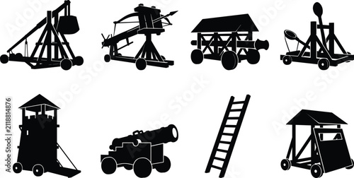Картината върху платно Set of medieval siege engines silhouettes including catapult, trebuchet, cannon,