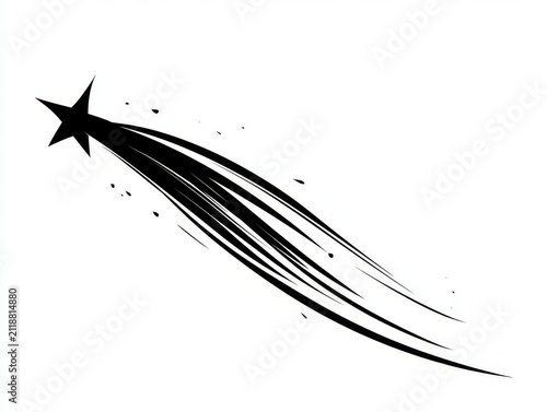 Black shooting star with long elegant glowing trail across white background, abstract vector illustration, minimal cosmic design, clean modern astronomy style. 