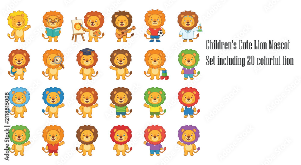 Obraz premium Lions with Colorful Outfits and Accessories in a Children's Mascot Set Featuring Cute, Cartoon, Illustration with Vector