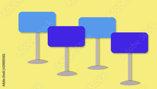 Принти на полотні Four blank rounded signs on posts arranged diagonally over a yellow background t