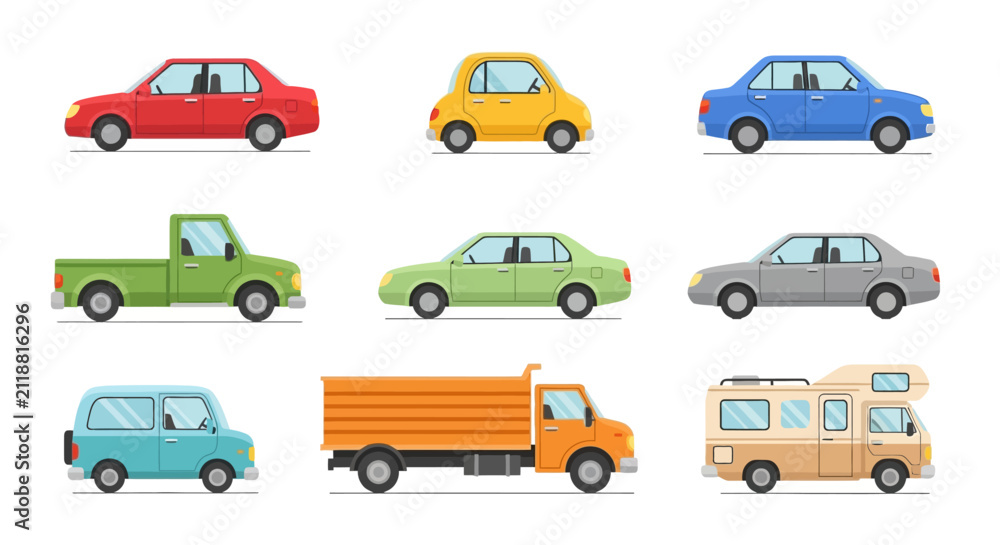 Fototapeta premium Set of Colorful Flat Vector Vehicle Icons for Transport and Logistics