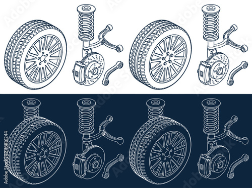 Cuadro en lienzo Car Suspension System Isometric Line Art Illustration
