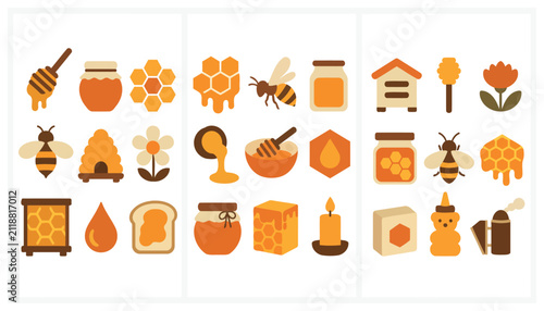 Fotografie Colorful flat design honey bee and hive icons set.