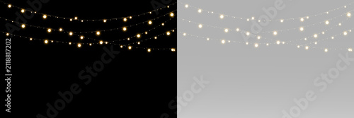 Quadro su tela Warm golden string lights hanging in elegant rows creating a cozy festive celebr