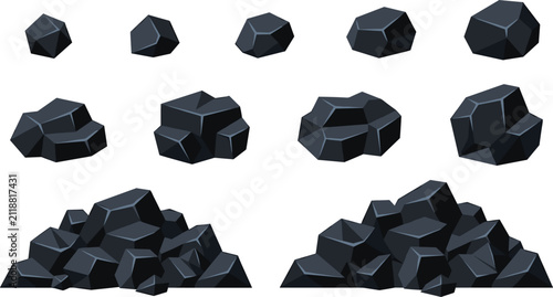 Black Coal Charcoal Lumps and Mineral Ore Rock Pile Vector Icon Set Featuring Diverse Polygonal Mining Industry Energy Fuel Elements