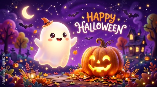 Happy halloween message with cute ghost and jack o lantern against starry night sky.