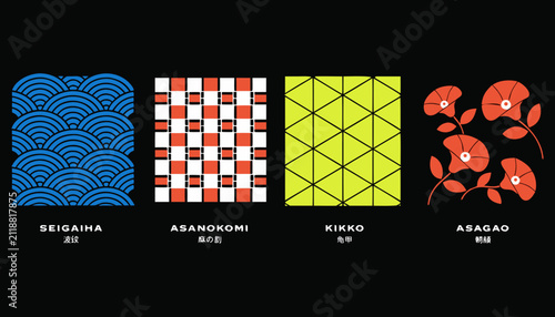 Colorful collection of japanese patterns including seigaiha asanokomi kikko and asagao art.