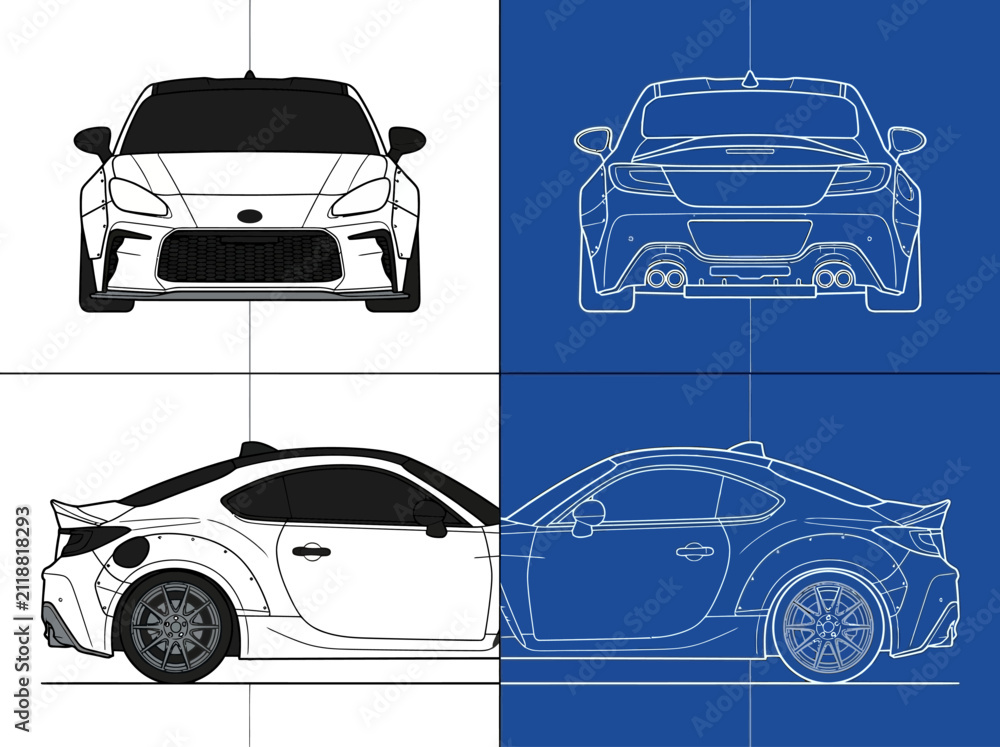 Obraz premium Modern Sports Car Blueprint Technical Drawing - Widebody Performance Coupe Vector Illustration in Multiple Views