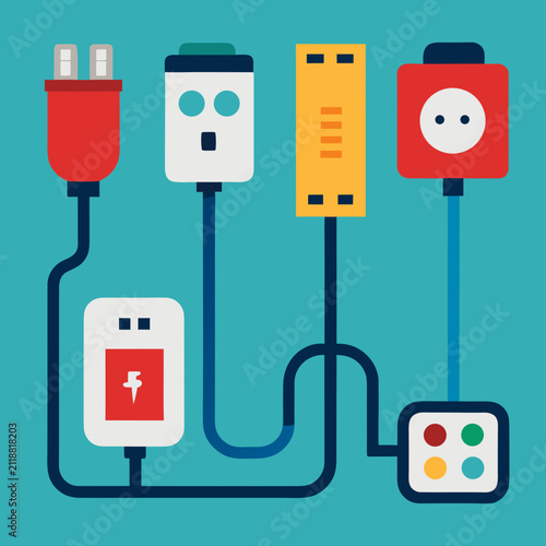 Various power plugs and sockets connected in a chain, depicting an intricate electrical setup with multiple connections.