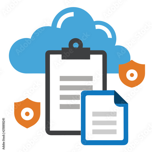 Secure document storage in cloud with clipboard and shields, data protection concept, white background.