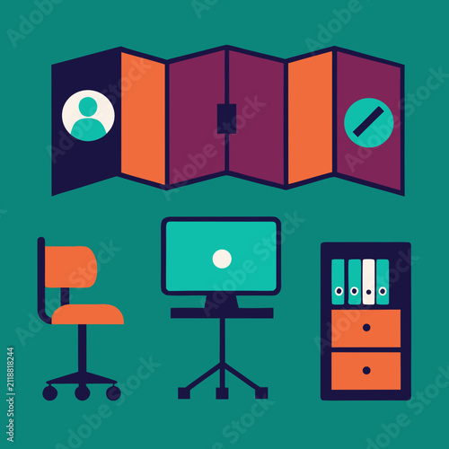 Workspace organization and office setup with computer, chair, and filing cabinet on teal background, modern design.