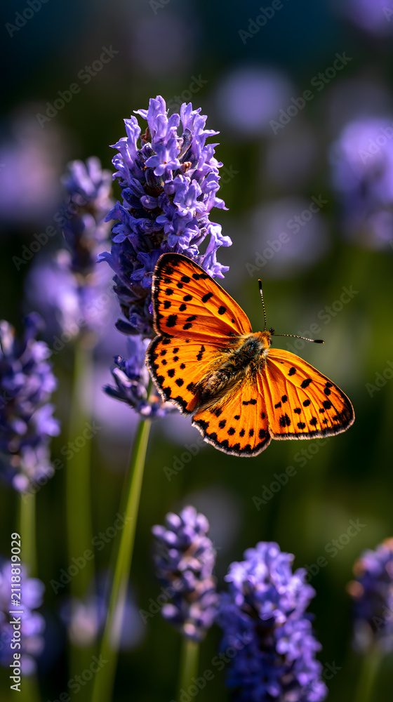 Obraz premium Orange Butterfly on Lavender: A delicate orange butterfly with intricate wing patterns rests on a vibrant purple lavender bloom, surrounded by a field of fragrant flowers.