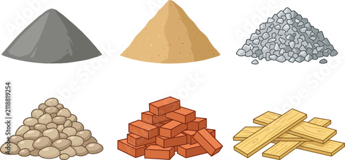 Bild auf Leinwand Building Construction Materials Vector Icon Set Featuring Piles of Cement Sand G