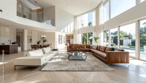 Modern spacious living room interior design.