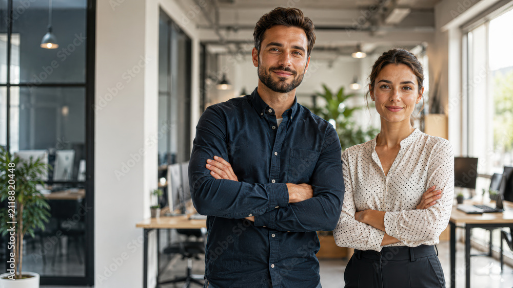 Fototapeta premium Two confident professionals standing with arms crossed in a modern office environment, smiling and looking at the camera.