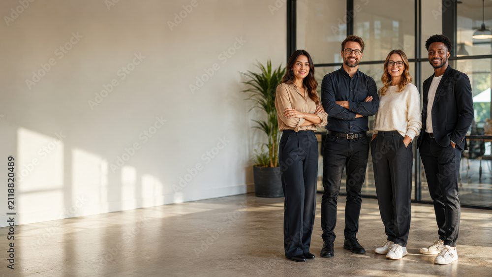 Fototapeta premium Four diverse young professionals confidently posing in a bright, modern office space with a minimalist design and natural light.