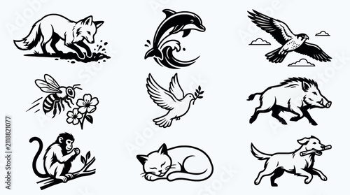 Photography Vector Icon Sheet of Animals: Fox Digging, Dolphin Jumping, Eagle Flying, Bee Ne