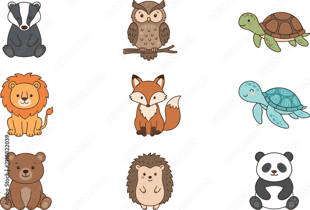 Obraz premium Cute Cartoon Animal Character Vector Set Featuring Badger Owl Turtle Lion Fox Sea Turtle Bear Hedgehog and Panda for Children Nursery Designs