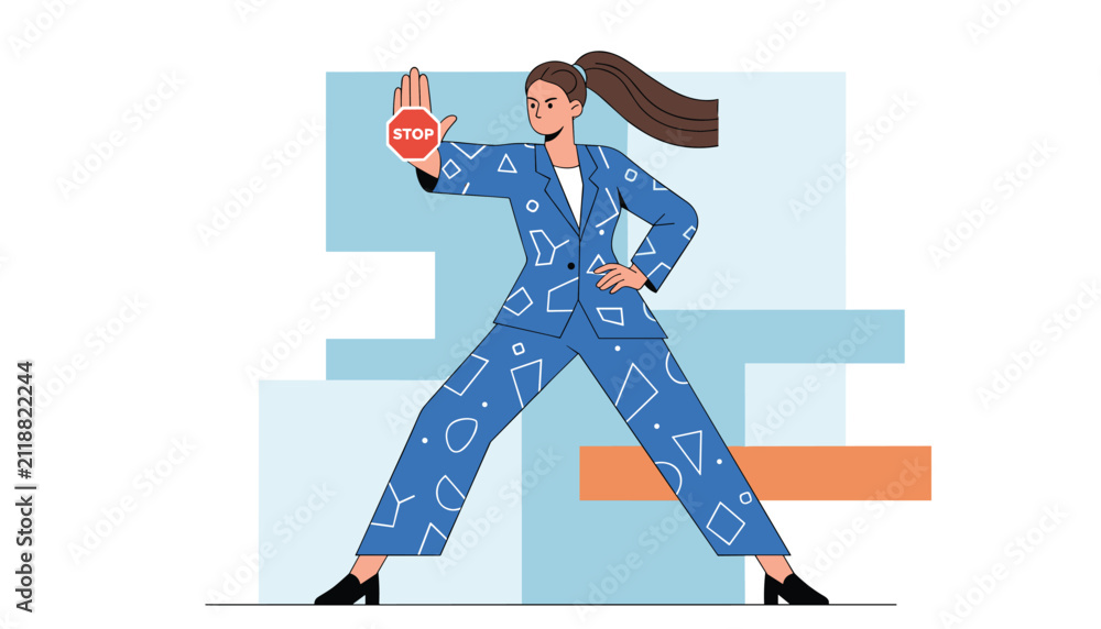 Fototapeta premium Young woman in a blue patterned business suit standing in a confident pose holding a stop sign to indicate a boundary or halt.