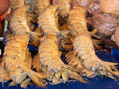 Preserved salted hilsa fish nona ilish stacked at market stall