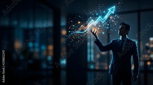 Futuristic business growth arrow, businessman holding glowing financial chart, digital success concept