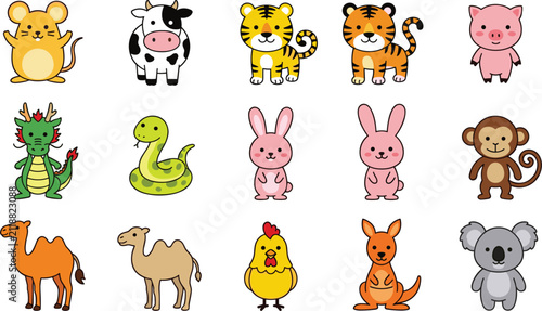 Sticker Cute Cartoon Animals Vector Character Set, Baby Zoo Farm and Chinese Zodiac Stic