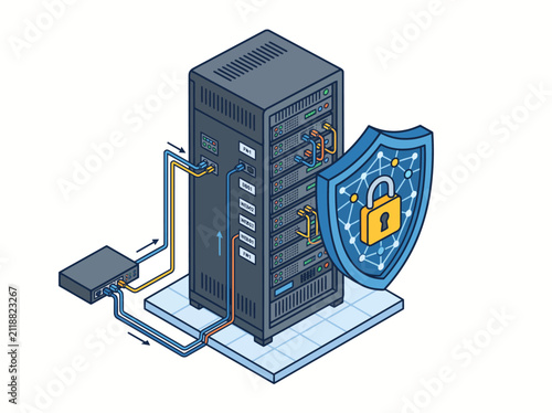 Cybersecurity Server Rack with Network Firewall Protection Isometric Vector Illustration