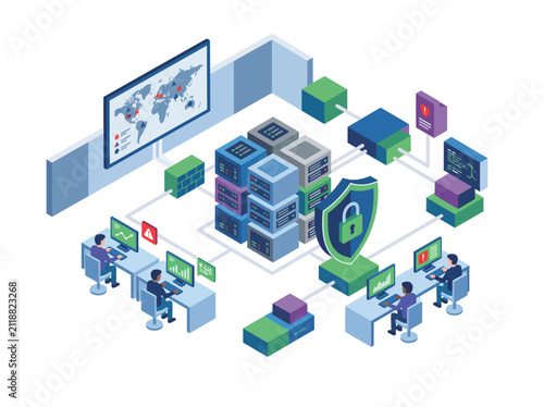 Cyber Defense Center with Security Operations and Secure Data Center Isometric Vector