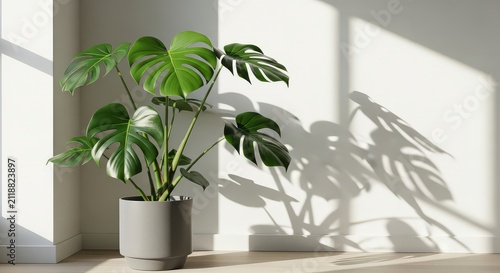 Potted monstera deliciosa plant casting decorative leaf shadows against minimalist white corner wall interior decor with green monstera houseplant