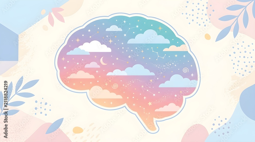 Obraz premium Pastel gradient brain silhouette containing dreamy night sky with clouds stars with silhouette filled