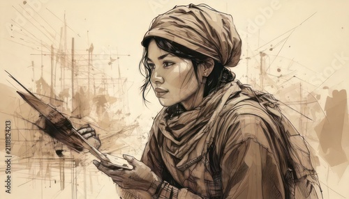 Watercolor Portrait of a Woman with Headscarf Painting with Brush.