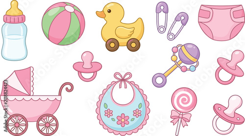 Cute Baby Girl Vector Illustration Set, Pink Stroller Pacifier and Newborn Care Icons Collection Isolated on White Background
