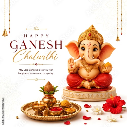 Happy ganesh chaturthi celebration with lord ganesha statue and puja thali setup chaturthi festival religious celebration offering tradition