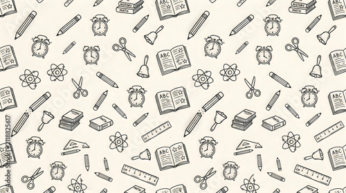 Seamless school doodles pattern. Hand drawn education background with stationery icons.