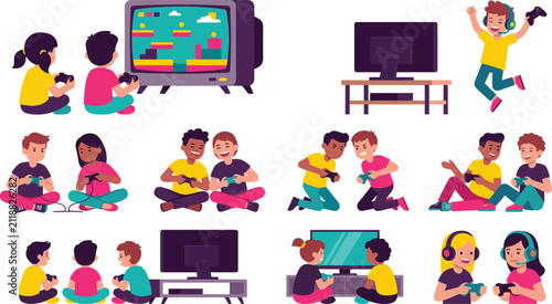 Fotografie Happy Kids Playing Video Games Vector Character Set Featuring Diverse Children w