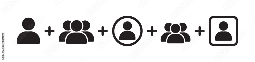 Obraz premium Icon collection of user and group silhouettes with plus signs for social media and web platforms.