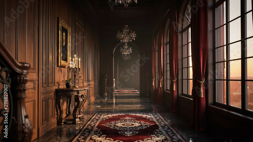 Opulent Classical Corridor with Dark Wood Walls and Elegant Red Decor