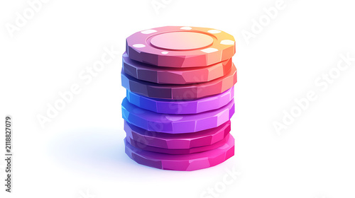  Stack of colorful casino poker chips in pink, blue and purple