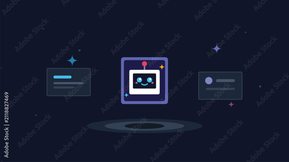 Naklejka premium Cute AI robot assistant floating with digital information cards vector illustration