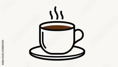 Steaming hot cup of dark coffee served on a saucer, representing a fresh morning brew, comfort, and warmth in a simple line-art style.