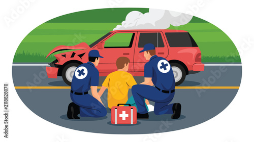 flat vector illustration of emergency medical responders assisting injured person after road traffic accident with damaged vehicles