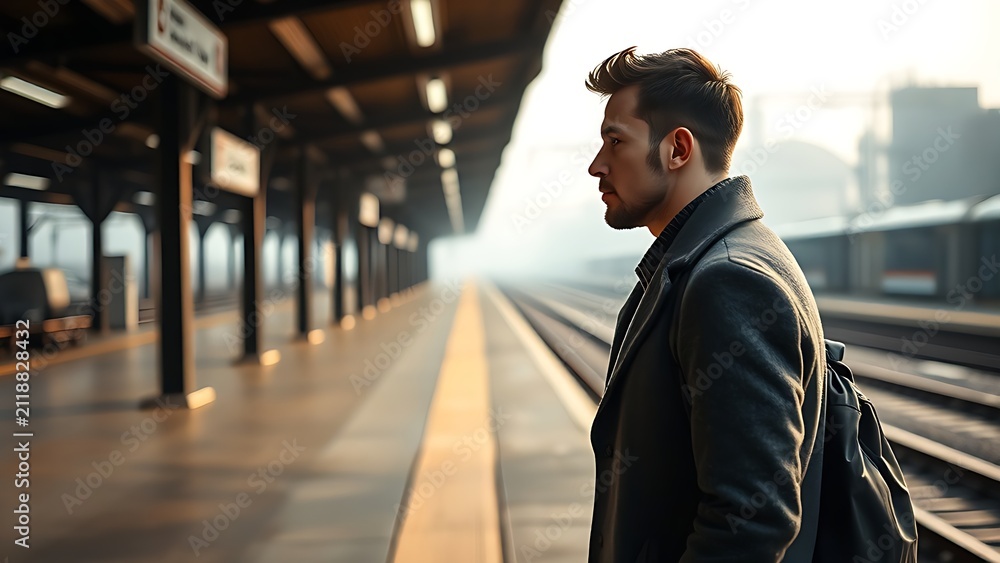 Fototapeta premium Solitary commuter on train platform, morning travel mood.
