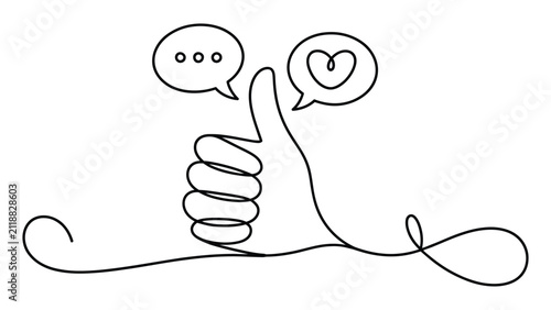 minimalist continuous one line thumbs up hand with chat and heart speech bubbles outline vector illustration for social communication