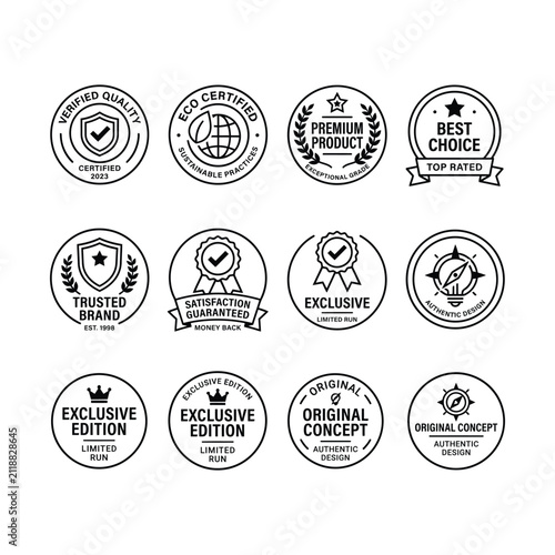 Certification Badge Icons for Quality, Eco Certified, Premium Product, Trusted Brand, Exclusive Edition