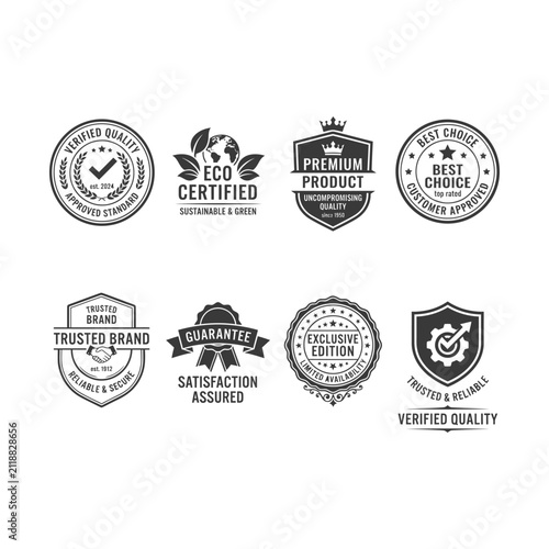 Certification Badge Icons for Tested Quality, Eco Certified, Premium Product, Trusted Brand and Guarantee