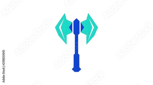 Abstract geometric blue and teal double-sided axe icon on white