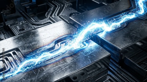 Electric Current Flowing Through Circuits: A vibrant blue electric current surges through intricate metallic circuits, illustrating the power and complexity of energy transfer and technology.