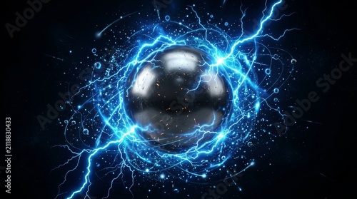 Electromagnetic Energy Orb: A metallic sphere pulsates with vibrant blue electrical energy, surrounded by crackling lightning and shimmering particles against a dark, futuristic backdrop.