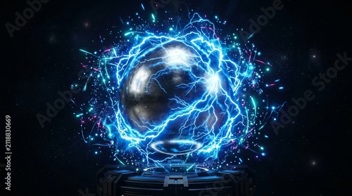 Energetic Orb: A metallic orb pulsates with vibrant blue energy and electric arcs, emanating raw power and advanced technology. A stunning visual representation of futuristic science and innovation.
