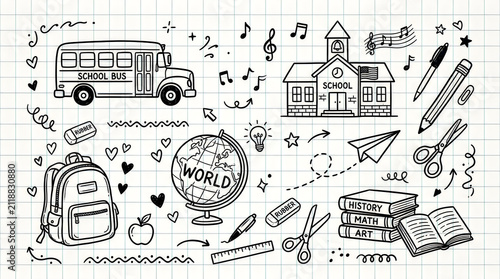 Back to school doodle set. Hand drawn education icons on transparent background.